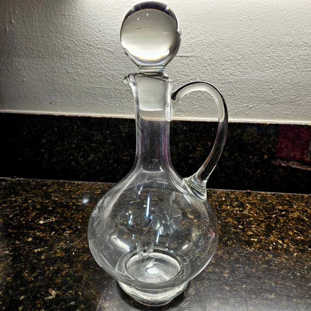 Glass Decanter 12.5" Clear Etched Floral‎ Vintage Cruet Stopper MCM